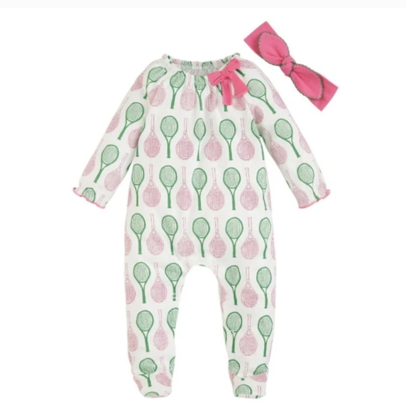 Mud Pie Other - Mud Pie Pink and Green Tennis Print Footie